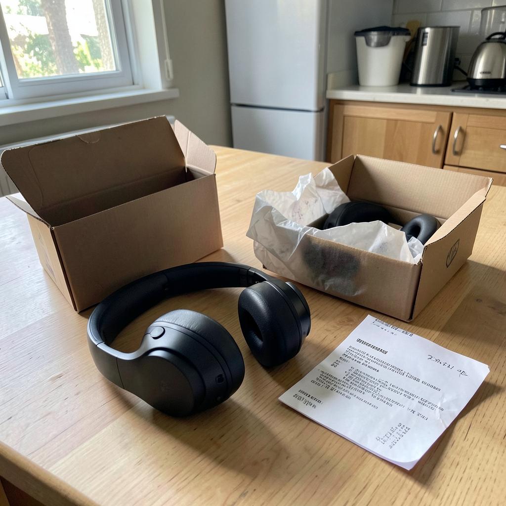 Fone Bluetooth recém-recebido sobre uma mesa ao lado da embalagem